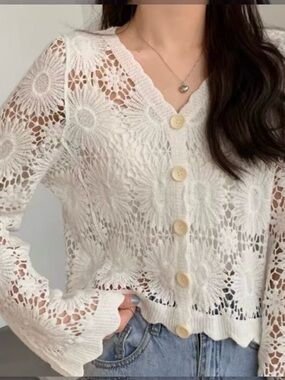 Dizzy White Floral Crochet Button-Up Cardigan